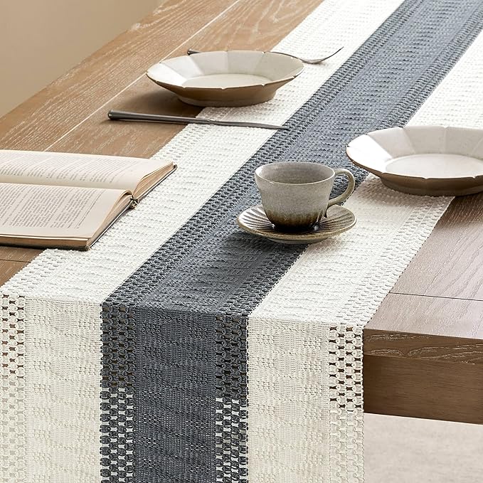 ZeeMart Macrame Style Bicolor Stitching Table Runner, 14 x 36 Inch Charcoal/Ivory, Boho Dark Grey Table Runners 36 Inches Long, Farmhouse Woven Home Decor