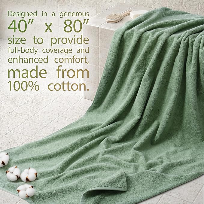 Cotton Paradise 100% Cotton 40x80 Oversized Bath Sheet, Extra Large Turkish Bath Towels for Bathroom, Sage Green Bathsheet