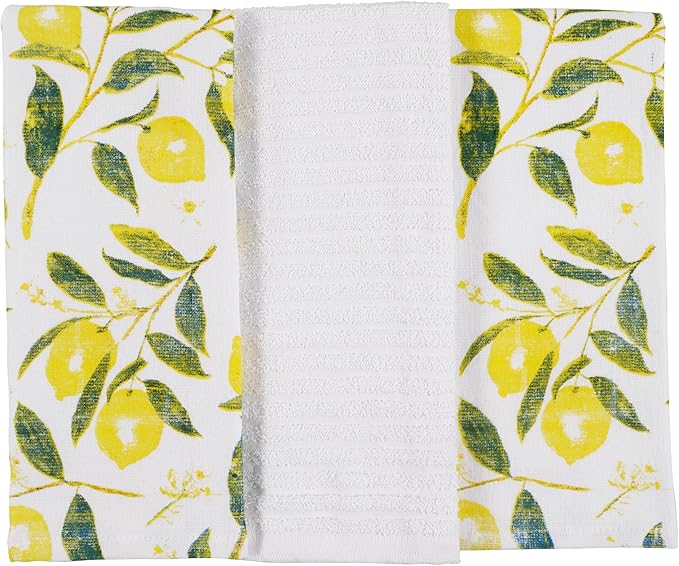 KAF Home Pantry Set of 3 Reverse Terry Print Kitchen Towels, Over-Sized 16 x 28-inch, 100 Percent Cotton (Lemons)