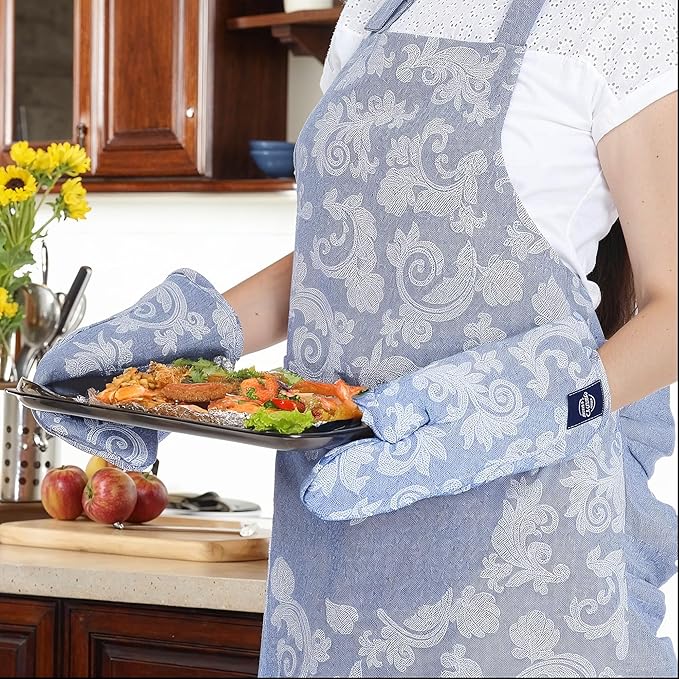 Encasa XO Oven Gloves Heat Resistant | Microwave Cooking Mittens for Baking & Kitchen Use | 12x7 in | Cotton Utensil Holder - Chambray Fabric (Pack of 2, Blue)