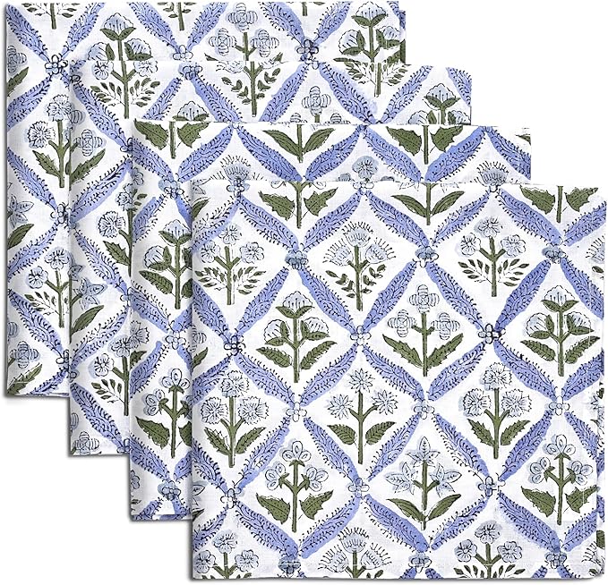 Ridhi Light Steel Blue Hand Block Print 100% Cotton Napkins 18" x 18" (Set of 4) Reuseable Kitchen Napkins Cloth Decor Dinner Party Wedding Cocktail Gift for Spring, Easter, Valentine