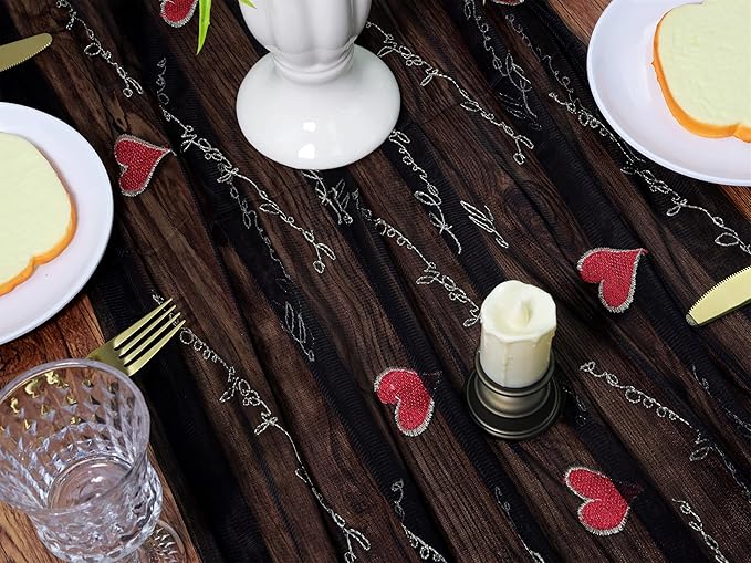 YATOJUZI Black Table Runner Red Heart Embroidery Valentine's Day Decorations Black Tulle Dining Table Runners for Home Kitchen Decor Anniversary Wedding Party