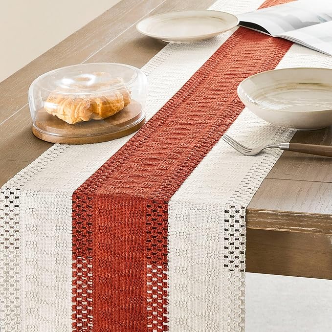 ZeeMart Macrame Style Bicolor Stitching Table Runner, 14 x 48 Inch Orange/Ivory, Boho Burnt Orange Fall Table Runners 48 Inches Long, Farmhouse Woven Fall Home Decor