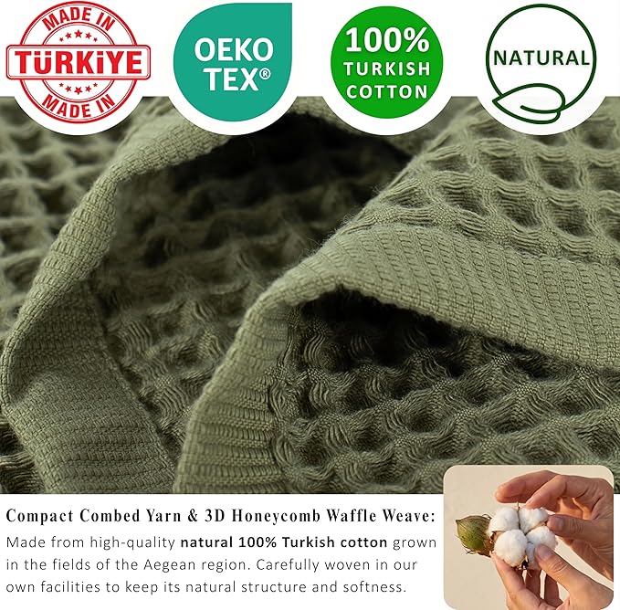PÜSKÜL Natural 100% Turkish Cotton Waffle Bath Towels Set of 2-Piece | 32x63 inch Extra Large Absorbent Quick-Dry Lightweight Spa Towel | Honeycomb Weave Towel (Khaki Green Bath Towels - Pack of 2)