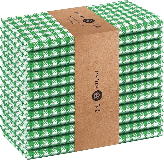 Native Fab Green Gingham Easter Cloth Napkins Set of 12-100% Cotton Mini Checkered (16"x16") Spring Dinner Napkins - Soft, Absorbent Table Decor - Washable Reusable Bulk Fabric Napkins, Grass Green