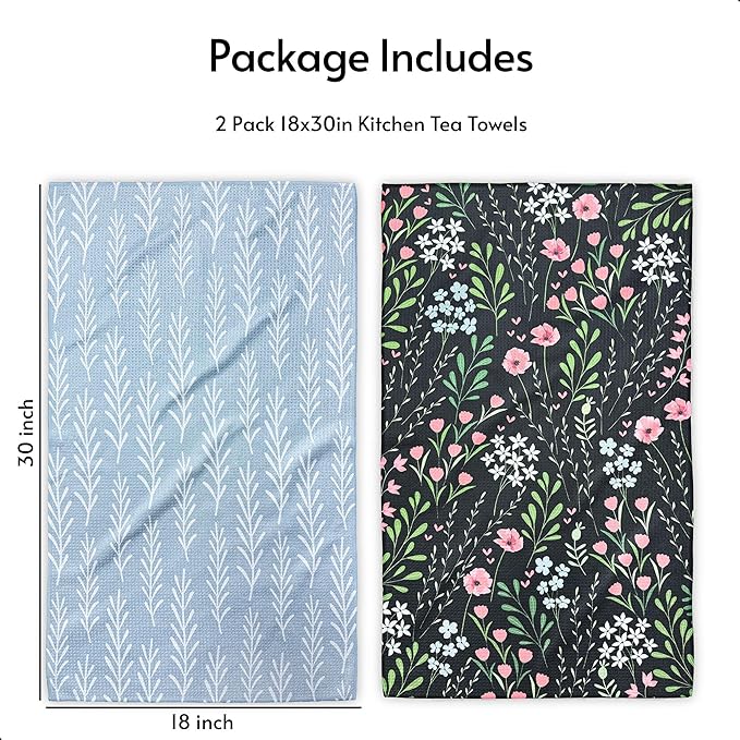 Eulnars Kitchen Towels, 18" x 30" Dish Towels for Kitchen Drying, Quick Dry Tea Towels, Premium Microfiber Dish Cloths, Midnight Bloom Series, 2-Pack