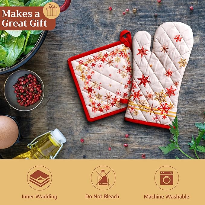Maison d' Hermine Oven Gloves 100% Cotton Oven Mitt 7" x 13" with Loop Heat Resistant BBQ Cooking Gloves for Thanksgiving Christmas Decorations Baking Handling Hot Pans (Pack of 1, Crystal Star)