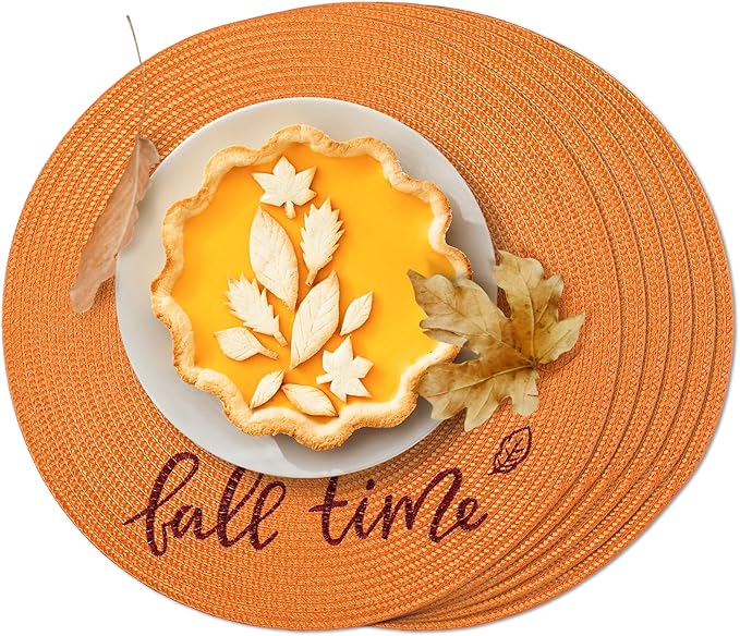 FunWheat Round Placemats Set of 6 Table Mats for Thanksgiving Tables Washable Non-Slip Place mats 15 Inch for Fall(Orange Fall,6pcs)
