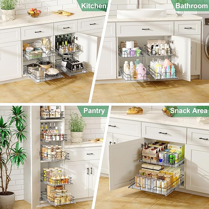 2-Tier Pull Out Cabinet Organizer (11" W x 22" D), Soft Close Cabinet Slide Out Shelves, Heavy Duty Slide Out Drawers with Shelf Liner for Kitchen Cabinets, Pantry Storage, Bathroom
