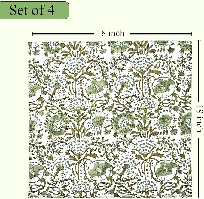 CPC Agate Green Indian Block Print Cotton Cloth Napkins Set of 4, 18x18 Reusable Everyday Napkins, Soft, Absorbent, Floral Dinner Napkin, Holiday, Party Gift, Spring,Mother's Day