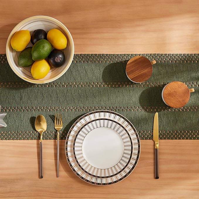 ZeeMart Macrame Style Boho Table Runner, Olive Green Table Runners 90 Inches Long, Farmhouse Woven Home Decor, 12x90 Inch, Olive