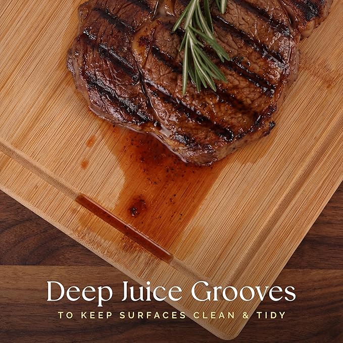Deer & Oak Large Bamboo Chopping Board 15" x 9.8" x 0.8", Premium Wooden Kitchen Cutting Board for Meat & Vegetables, Pre-Oiled, Water Resistant, Knife-Friendly