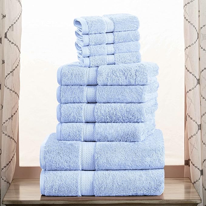 SUPERIOR Egyptian Cotton Pile 10 Piece Towel Set, Includes 2 Bath, 4 Hand, 4 Face Towels/Washcloths, Ultra Soft Luxury Towels, Thick Plush Essentials, Guest Bath, Spa, Hotel Bathroom, Light Blue