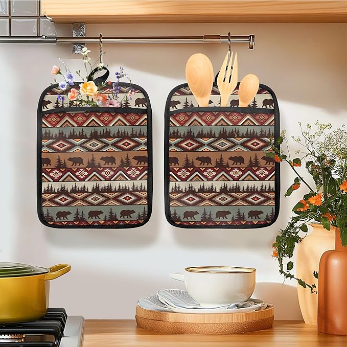 Western Aztec Bear Oven Mitts Set, Camping Camper RV Gifts, Aztec Native Tribal Heat Resistant Kitchen Oven Gloves for Baking and Cooking,Pot Holders