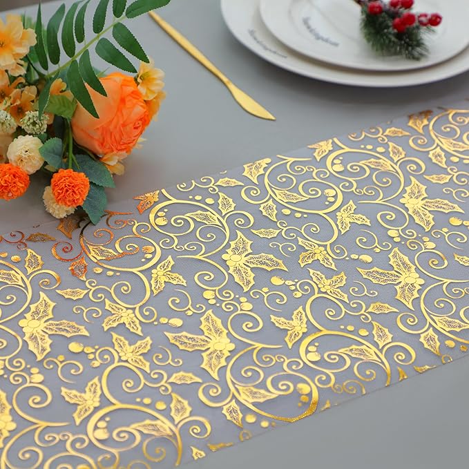 Snowkingdom 2 PCS Gold Spring Easter Table Runner 108 Inches Long, Gold Pinecone Flower Floral Table Decor for Winter Holiday Dining Kitchen Party New Year Home Decorations