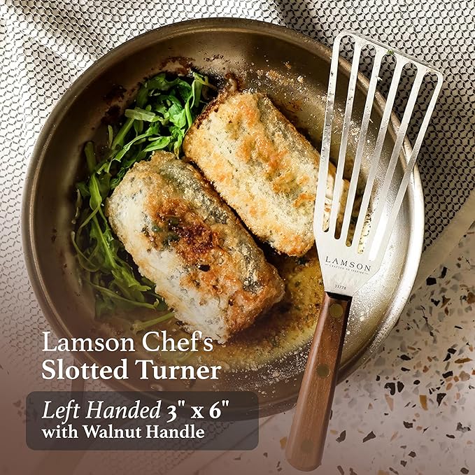 Lamson Metal Spatula Slotted Turner - 3' x 6" Stainless Flipper with Walnut Handle, Left-Hand - Chef's Frying Fish Turner, Metal Grilling Spatula