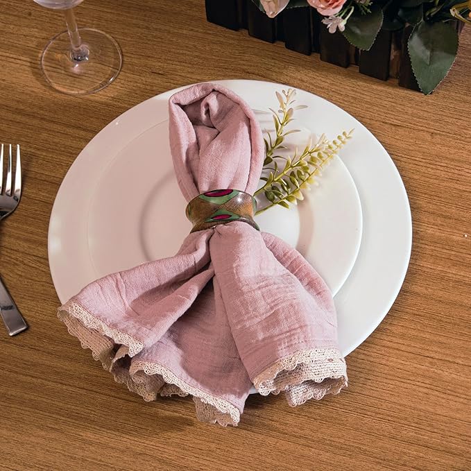 FINGERCRAFT Dinner Cloth Napkin Cotton Muslin Double Gauze 12 Pack with Classic Lace for Everyday Use, Wedding, Party, Christmas, Easter Napkins Cloth are Pre Shrunk and Good Absorbency Peach Wipe