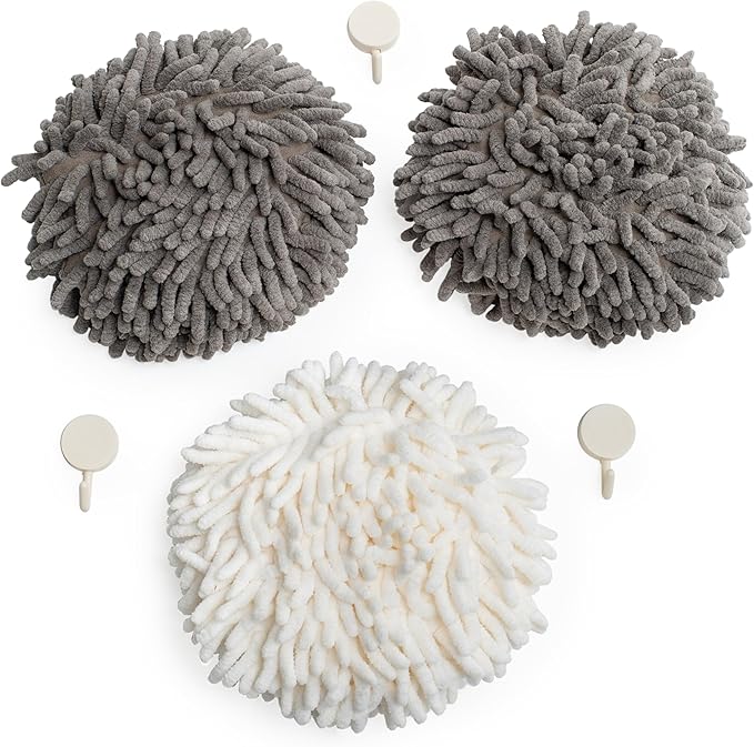 JJ KENT Fluffy Puffins Microfiber Hand Towels - Set of 3 Fluffy Hand Towels with Wall Hook Attachment - Quick and Easy Hand Drying Puffs