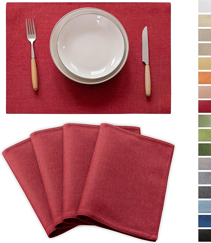 Demetex Placemats Set of 4 Heat Resistant Red Linen Place Mats Wipeable Cloth Placemats for Party Wedding Holiday Dinner, 13 x 19 inches, Wine Red