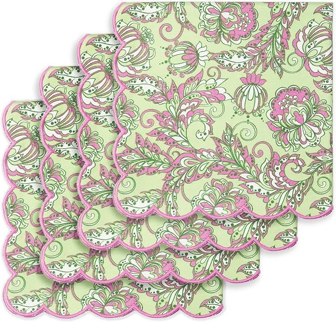 PurpleEssences Scalloped Embroidery Kalamkari Cloth Napkins - Spring Easter Summer - Table Decor - 100% Cotton - Set of 4-18x18 inch - Sage Green Edges - Blush Pink