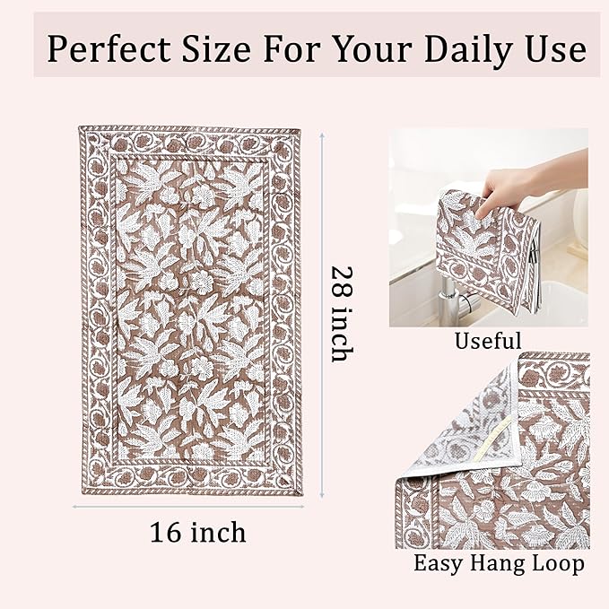 Ridhi Oak Brown Hand Block Print Waffle Kitchen Towel Set of 3-16 x28 Ultra Absorbent Quick Dry 100% Cotton Dish Towels Lightweight Reusable Sustainable Tea Towels for Cleaning and Drying