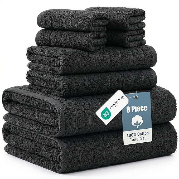 Casa Platino 100% Cotton Bath Towel Pack of 8 - Soft, Quick Dry & Highly Absorbent - 2 Bath, 4 Washcloths, 2 Hand Towels for Bathroom - Durable, Premium Quality & Ideal Gift for Him - Midnight Black