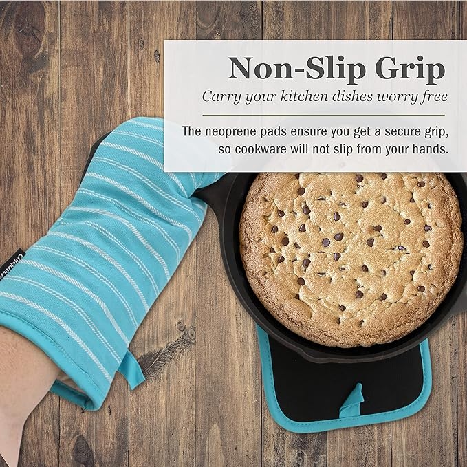 Cuisinart Neoprene Oven Mitts and Potholder Set -Heat Resistant Oven Gloves to Protect Hands and Surfaces with Non-Slip Grip, Hanging Loop-Ideal for Handling Hot Cookware, Twill Stripe Blue Curacao