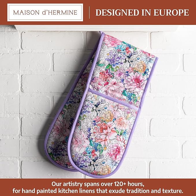 Maison d' Hermine Double Oven Mitts 100% Cotton 7"x35" Double Oven Mitt Heat Resistant BBQ Cooking Gloves with Loop Baking Grilling Gifts for Mothers Day Spring Summer (Floral Love)