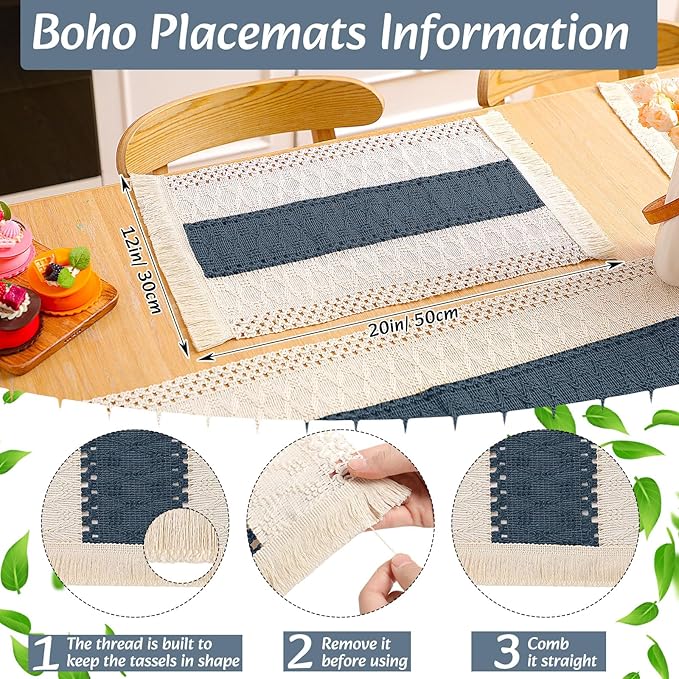 Boho Placemats 4/6/8 Set of Round Woven Placemat Macrame Style Bicolor Stitching Long Table Runner Farmhouse Rustic Natural Burlap Cotton for Kitchen Dining Table(4 Sets,Blue,12x72)