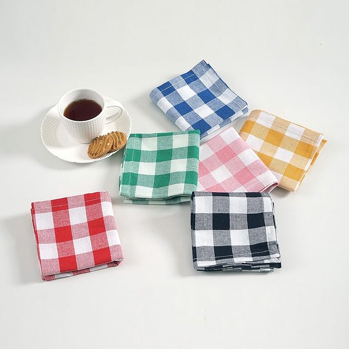 FINGERCRAFT Cloth Napkins, Everyday Use, Premium Quality, Cotton Buffalo Plaid, Set of 12, 20X20 Inch Oversized Napkins Cloth Mitered Corners, Soft, Durable Hotel Quality Blue White Checkered