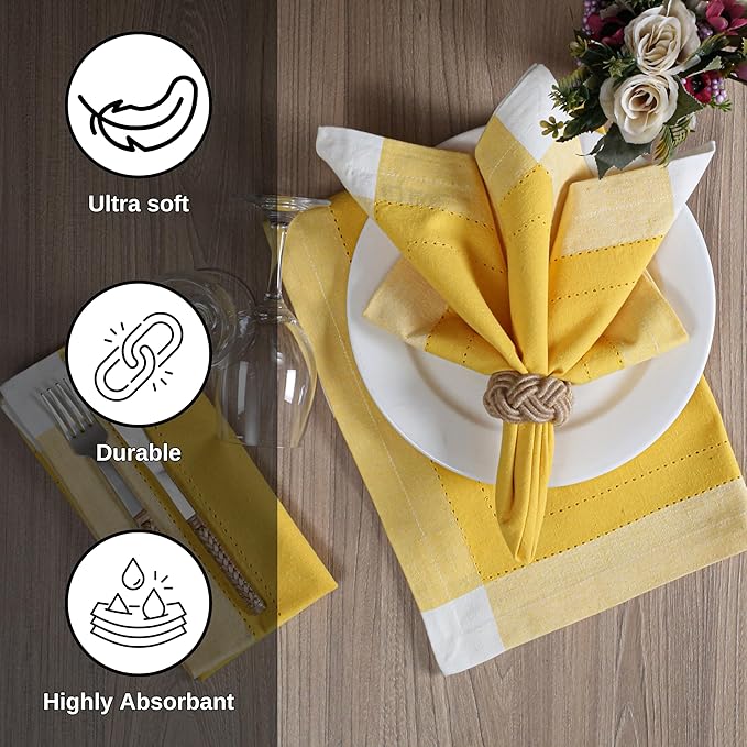 Homidate Cotton Cloth Napkins Set of 12 – 20x20 Yellow Multi Double Hemstitched – Machine Washable Fabric Dinner Napkins for Weddings, Parties & Table Settings