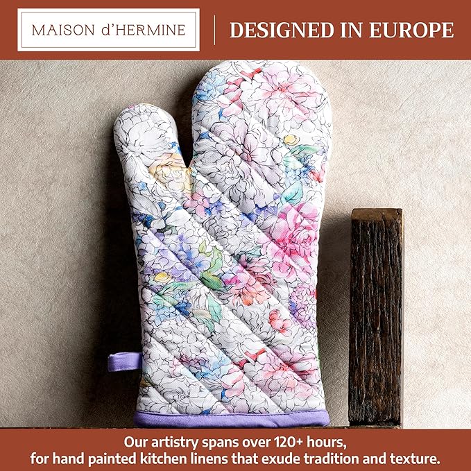 Maison d'Hermine Oven Gloves 100% Cotton Oven Mitt 7" x 13" with Loop Heat Resistant BBQ Cooking Gloves Baking Grilling Gifts for Mothers Day Spring/Summer (Pack of 1, Floral Love)