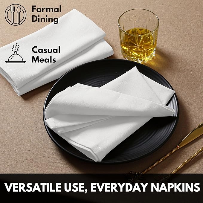 White Cloth Dinner Napkins, 17 Inch x 17 Inch, Set of 4, Soft, Absorbent, Washable & Reusable Dining Napkins for Holiday, Thanksgiving, Wedding, Formal Events, Buffet, Christmas