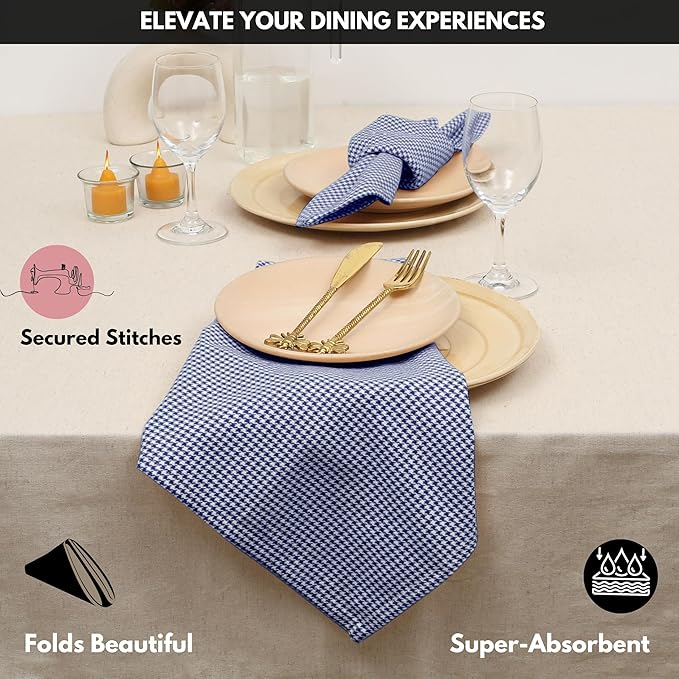 Napkins 100% Cotton Set of 4 Decorative Cloth Napkin Washable Houndstooth Check Dinner Napkins for Holiday, Dinner, Wedding, Baby Shower & Dining - Ink Blue (18”X18”)