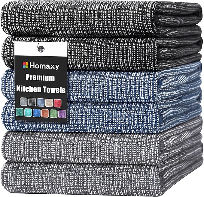 Homaxy Premium Kitchen Towels(18”x 28”, 6 Pack), Large Cotton Kitchen Hand Towels, Flat and Terry Dish Towels, 380 GSM Highly Absorbent Tea Towel Set with Hanging Loop, Navy Blue/Grey/Black