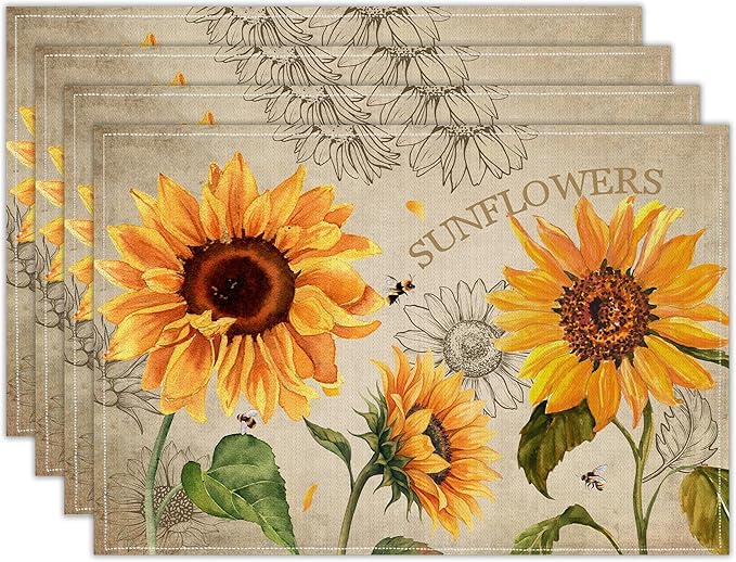 Sunflower Linen Placemats Set of 4, 12x18 Inch Farmhouse Spring Summer Sunshine Table Mats, Washable Table Decor for Kitchen Dining Indoor Outdoor Party Holiday