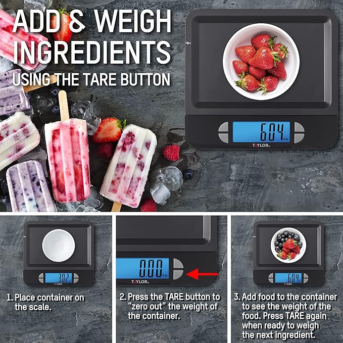 Taylor USB Rechargeable Digital Kitchen and Food Scale, 11 pound capacity with Dishwasher Safe Tray, Cord Included