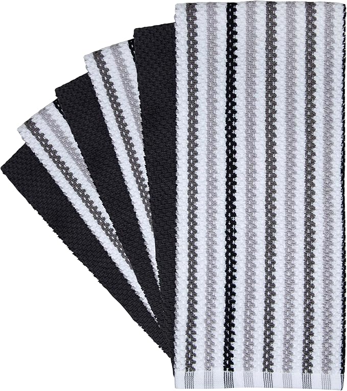 Premium Kitchen Towels (16”x 26”, 6 Pack) | Large Cotton Kitchen Hand Towels | Popcorn Striped Design | Dish Towels | 430 GSM Highly Absorbent Tea Towels Set with Hanging Loop | Black