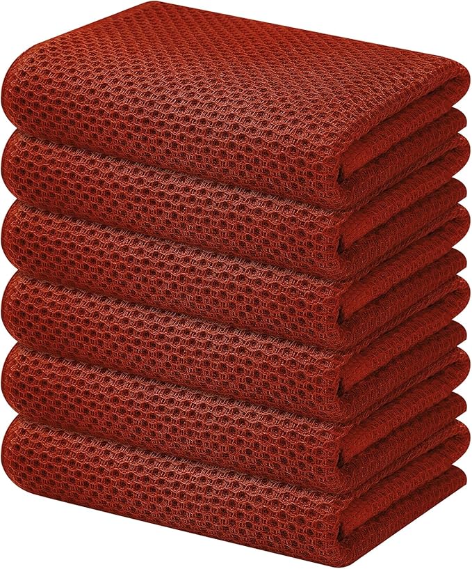 Kitinjoy 100% Cotton Waffle Weave Kitchen Hand Towels, 6-Pack Super Soft and Absorbent Dish Towel for Drying Dishes (13 X 28 Inches, Rust)