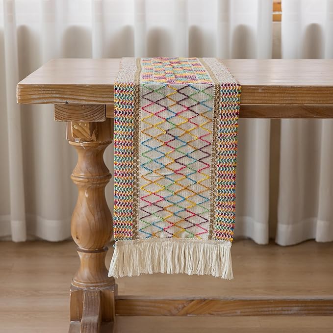 Keketoarrange Boho Spring Table Runner Colorful for Home Decorations 12x72 Inches Farmhouse Small Macrame Woven Burlap Rustic Coffee Dresser Table Runner Dining Kitchen Centerpiece Bohemian Decor