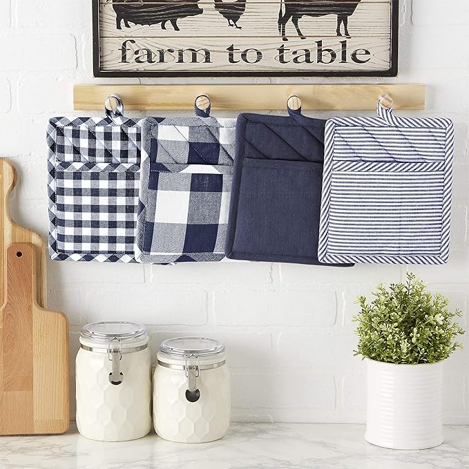 DII Gingham Check Kitchen Collection, Navy, Potholder Set