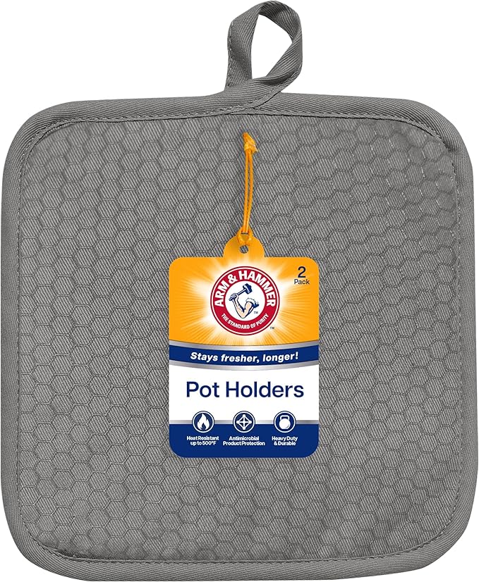 Arm & Hammer Quilted Pot Holders, Heat Resistant, Non-Slip Silicone Grip, 2 Pack, Grey