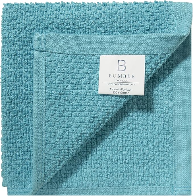 Bumble Premium Dish Cloths Towel 12"x12" | 100% Natural Ring Spun Cotton Tea Towel Set | 430 GSM | Highly Absorbent & Soft Dish Towels | 8 Pack - 4 Popcorn Striped & 4 Solid Kitchen Towels - Aqua