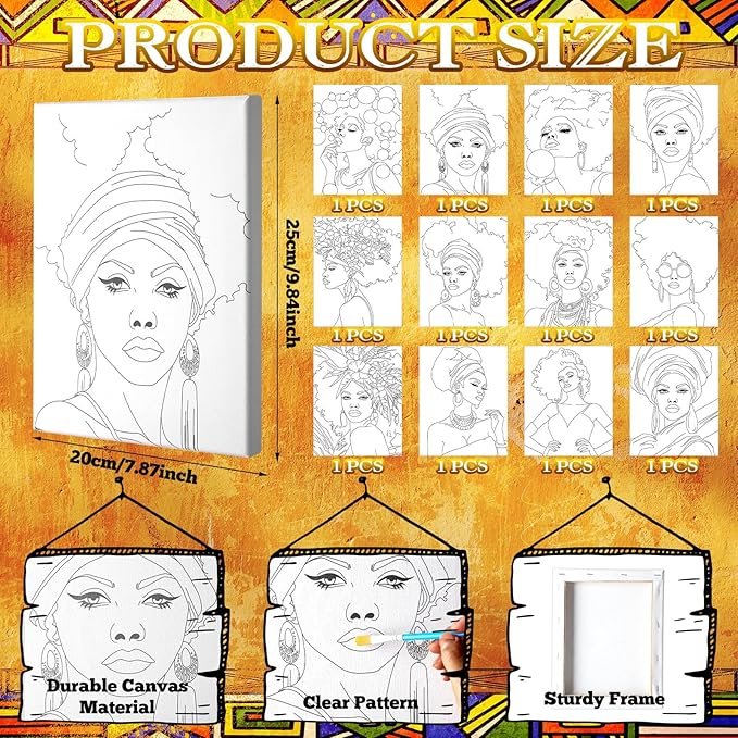 Motipuns 12 Set Pre Drawn Canvas for Painting for Adults Sip and Paint Kit with Easels 8 x 10 Inches Paint Party Kit with Printed Canvas Paints Brushes Palette Bag Apron(Afro Queen)