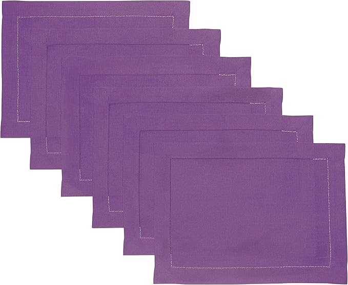 Solino Home Linen Cloth Placemats Set of 6-100% Pure Linen Hemstitch Purple Placemats 14 x 19 Inch - Classic Hemstitch Table Place Mats for Mothers Day, Spring, Summer