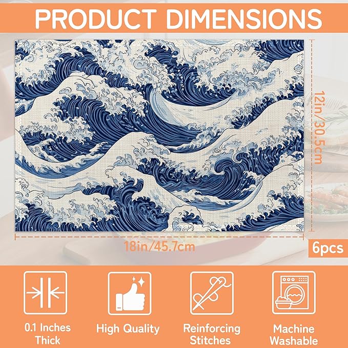 Ocean Wave Placemat Set of 6,Japanese Heat Resistant Linen Table Mats for Indoor Outdoor Home Kitchen Dining Room Table 12x18Inch