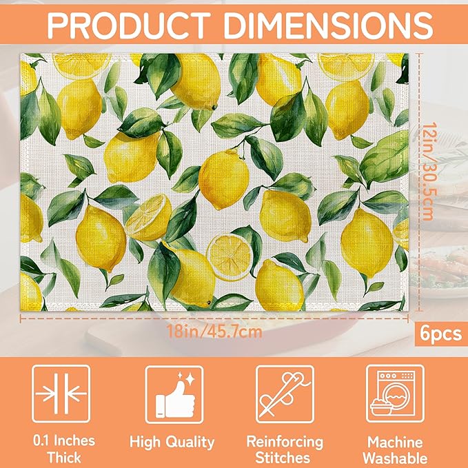 Lemon Placemat Set of 6,Heat Resistant Linen Table Mats for Indoor Outdoor Home Kitchen Dining Room Table 12x18Inch