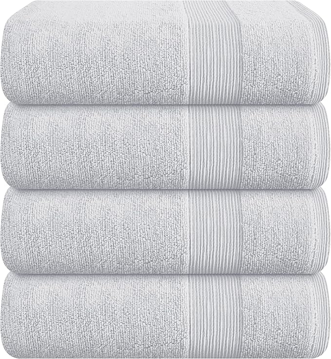 Belizzi Home 4 Pack Bath Towel Set 27x54, 100% Ring Spun Cotton, Ultra Soft Highly Absorbent Machine Washable Hotel Spa Quality Bath Towels for Bathroom, 4 Bath Towels Light Grey