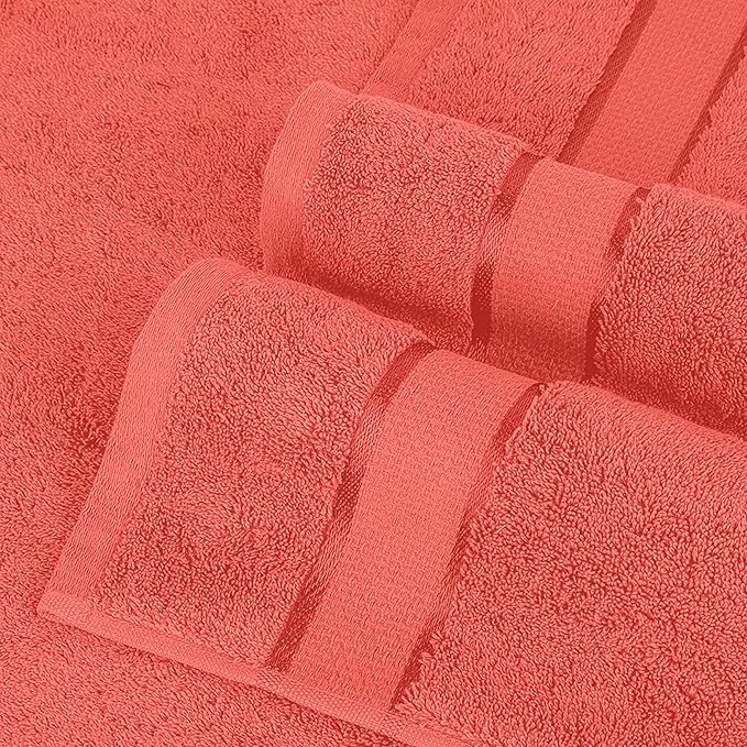 Elegant Comfort Premium Cotton 8-Piece Towel Set, Includes 4 Washcloths, 2 Hand Towels and 2 Bath Towels, 100% Turkish Cotton - Highly Absorbent and Super Soft Towels for Bathroom, Coral