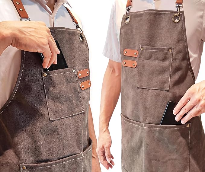 Chef Apron with Large Pockets for Women Men, Cotton Canvas Cross Back Water Repellent Adjustable Work Apron